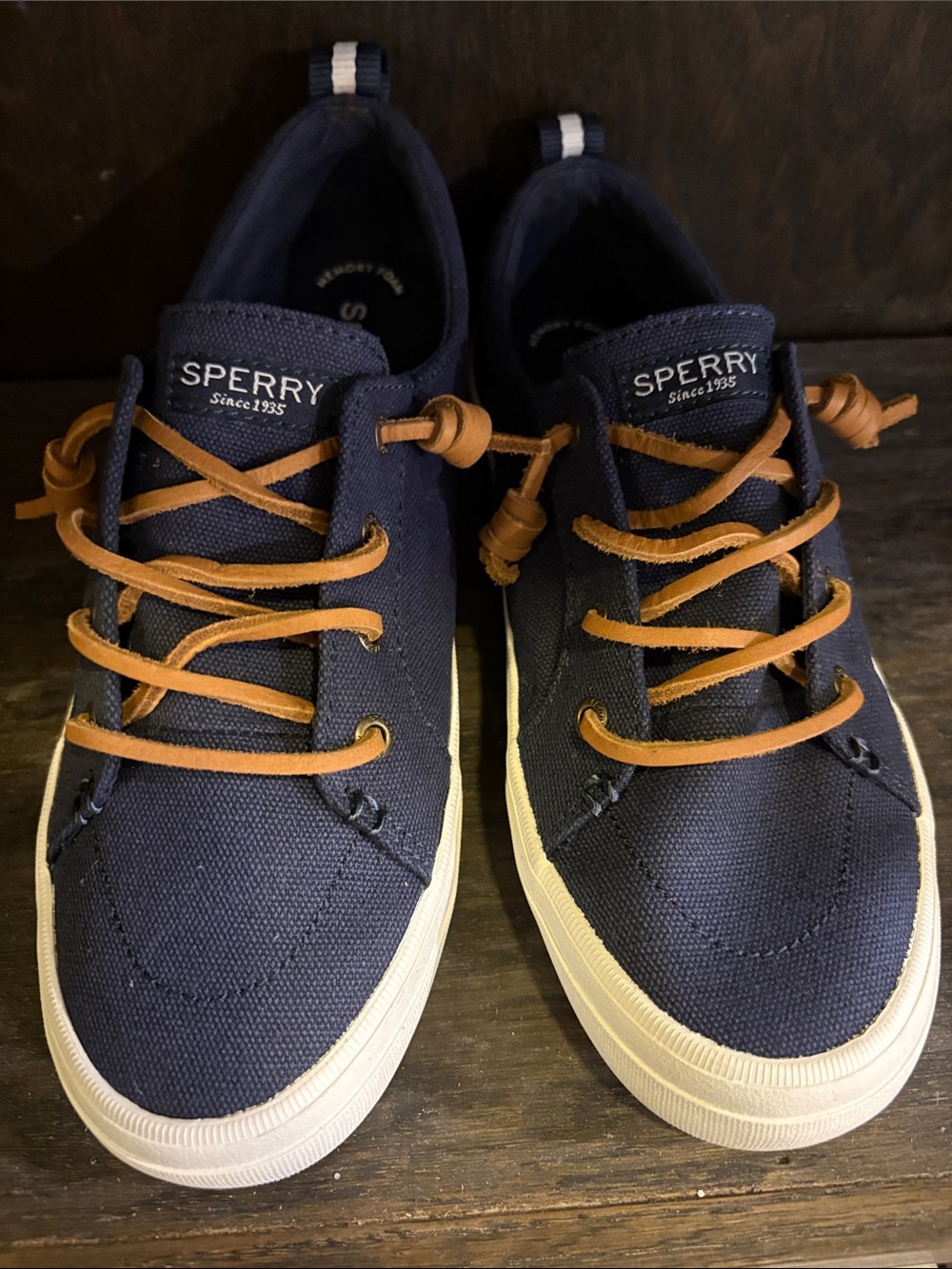 Sperry Navy Canvas Boat Shoes with Tan Leather Laces